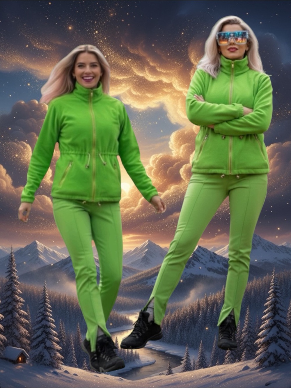 Bogner Lime Green Ski Jacket -M -High Collar Zip Front & Pants S Set of 2